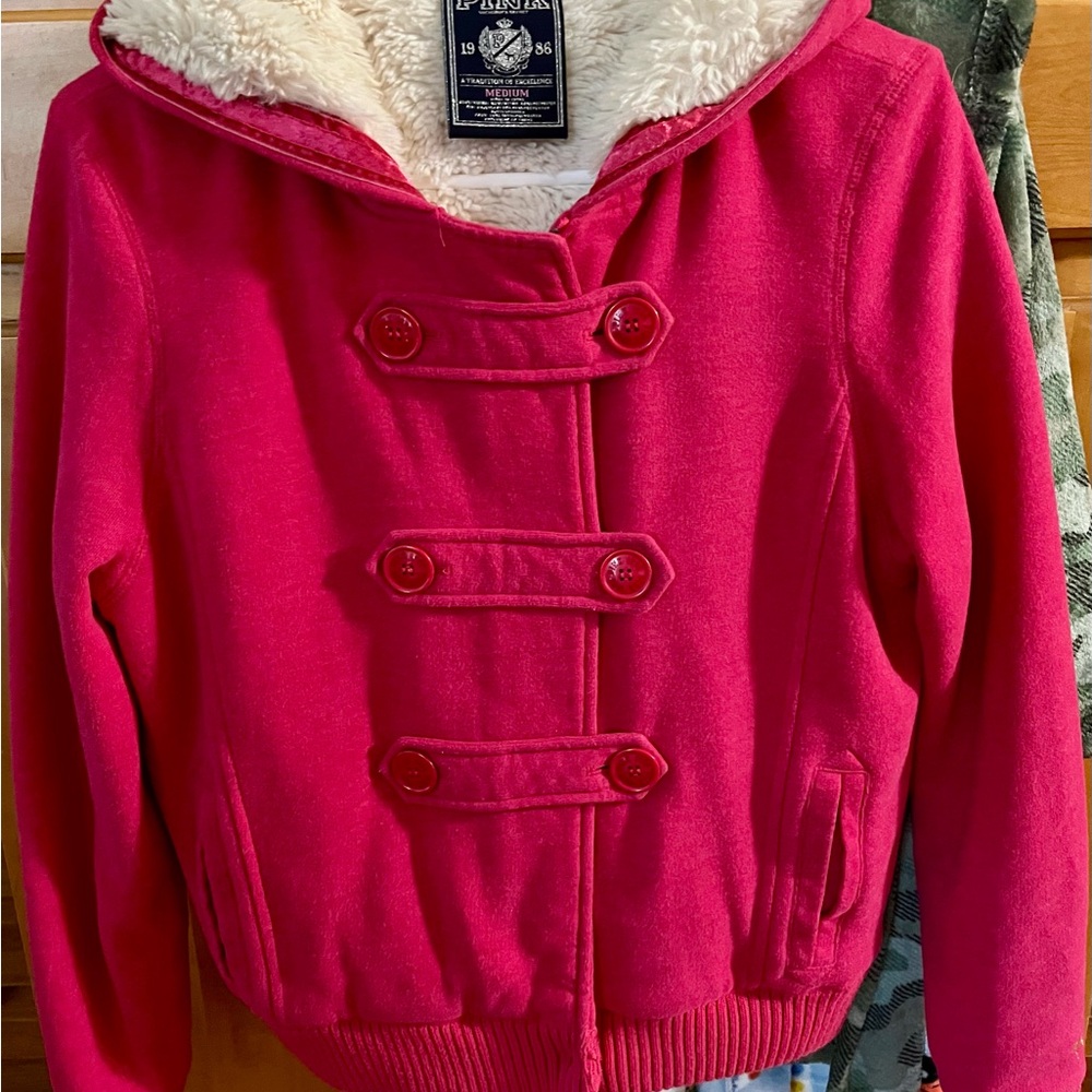 PINK Victoria's Secret Hot Pink/Cream Fleece Jacket w/PeaCoat Look w/Zip Closure